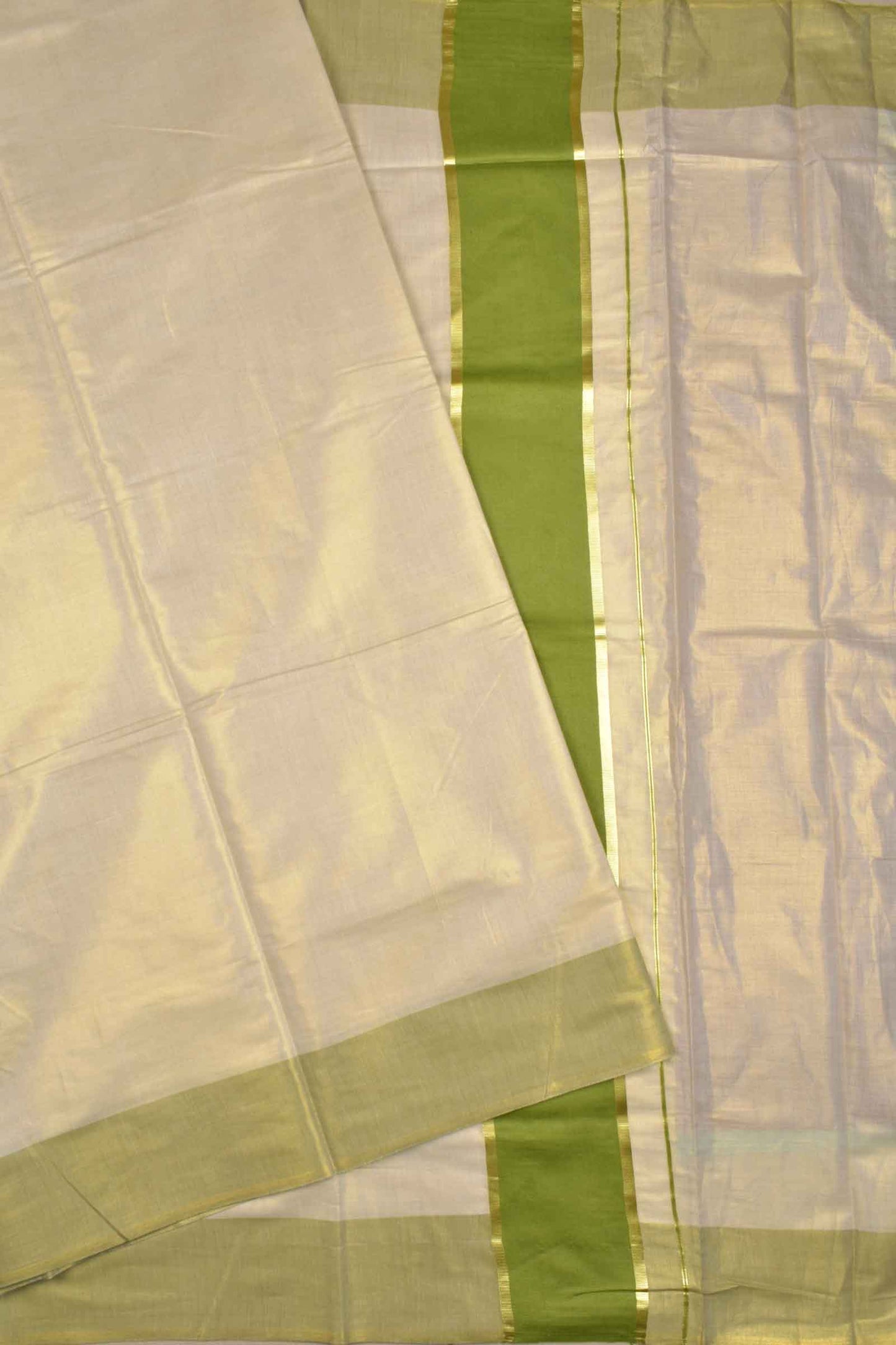 Off White With Green Kerala Tissue Cotton Golden Zari Line Saree