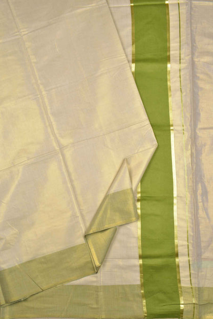 Off White With Green Kerala Tissue Cotton Golden Zari Line Saree
