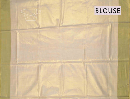 Off White With Green Kerala Tissue Cotton Golden Zari Line Saree