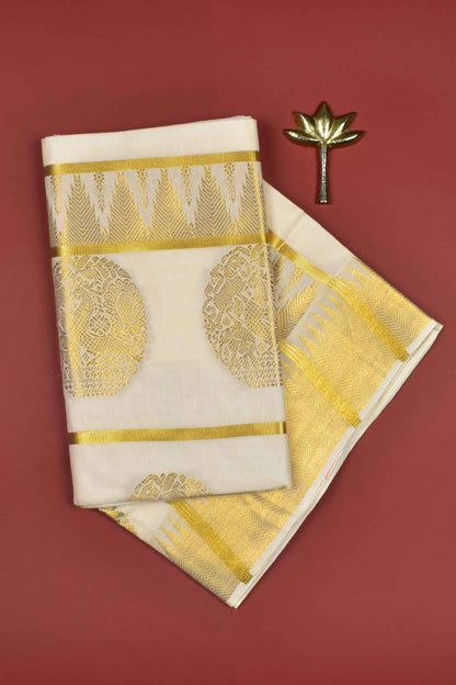 Off White Kerala Cotton Squares Butta Peacock Pallu Saree