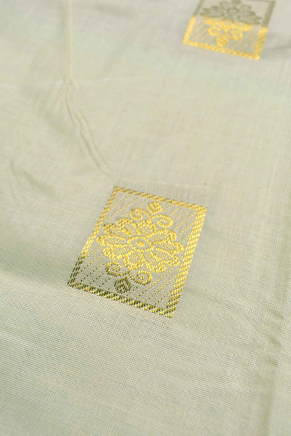 Off White Kerala Cotton Squares Butta Peacock Pallu Saree