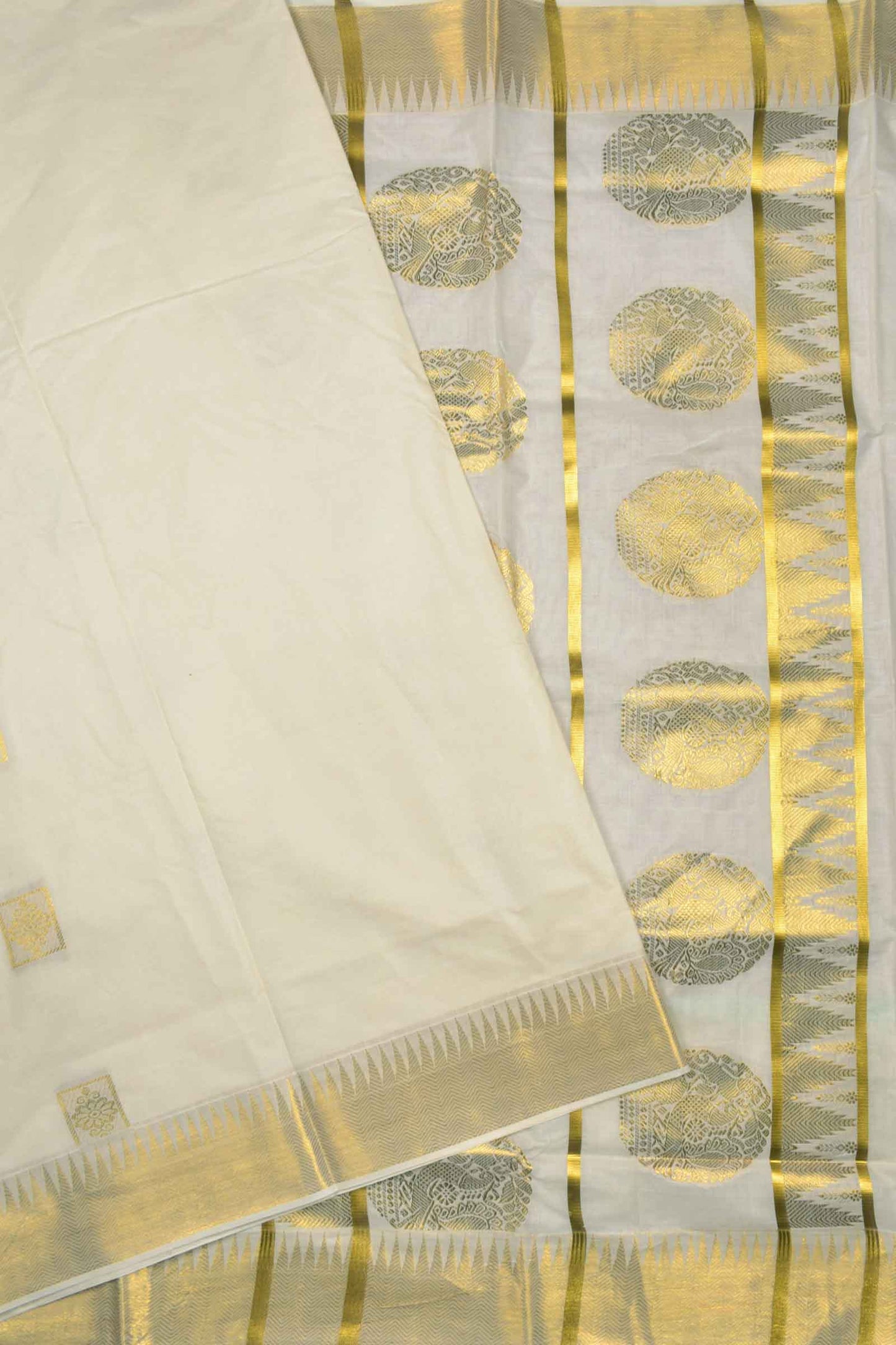 Off White Kerala Cotton Squares Butta Peacock Pallu Saree