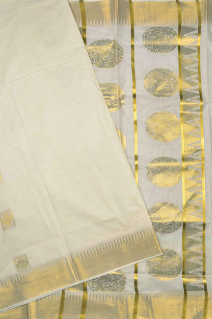 Off White Kerala Cotton Squares Butta Peacock Pallu Saree