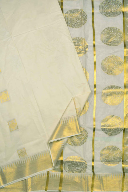 Off White Kerala Cotton Squares Butta Peacock Pallu Saree
