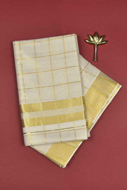Off White With Golden Kerala Tissue Cotton Mini Checks Square Golden Zari Pallu Saree NAA111