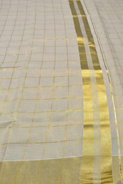 Off White With Golden Kerala Tissue Cotton Mini Checks Square Golden Zari Pallu Saree NAA111