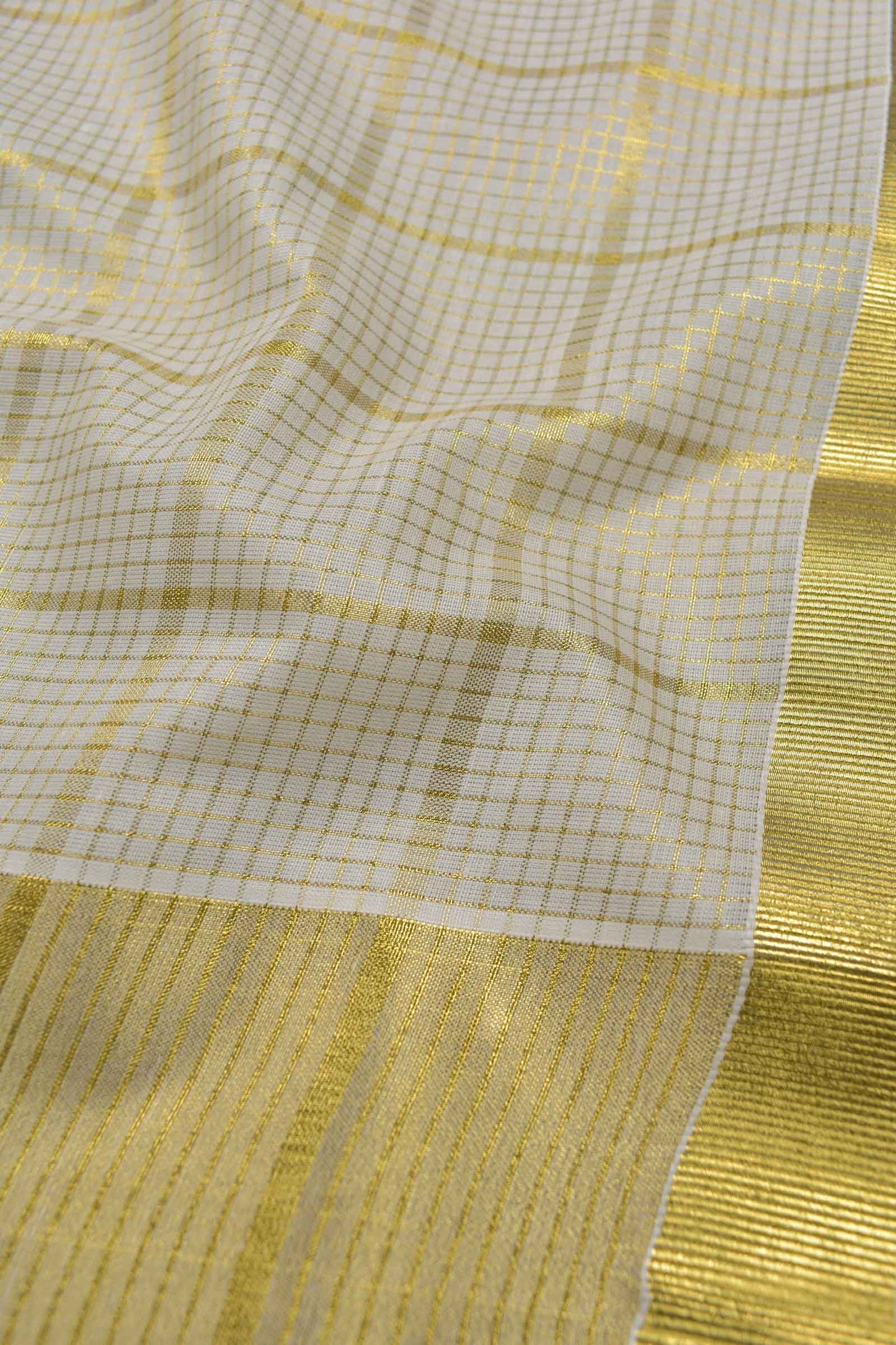 Off White With Golden Kerala Tissue Cotton Mini Checks Square Golden Zari Pallu Saree NAA111