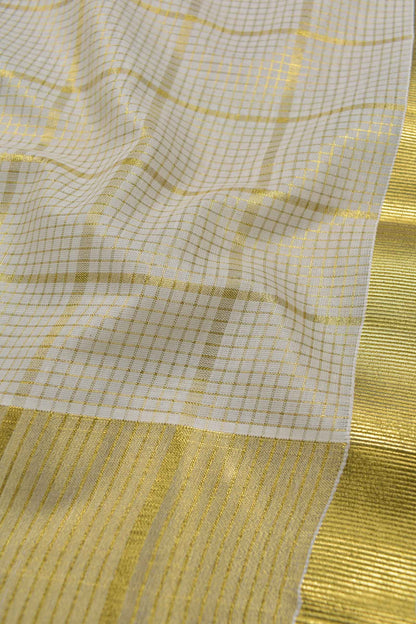Off White With Golden Kerala Tissue Cotton Mini Checks Square Golden Zari Pallu Saree NAA111