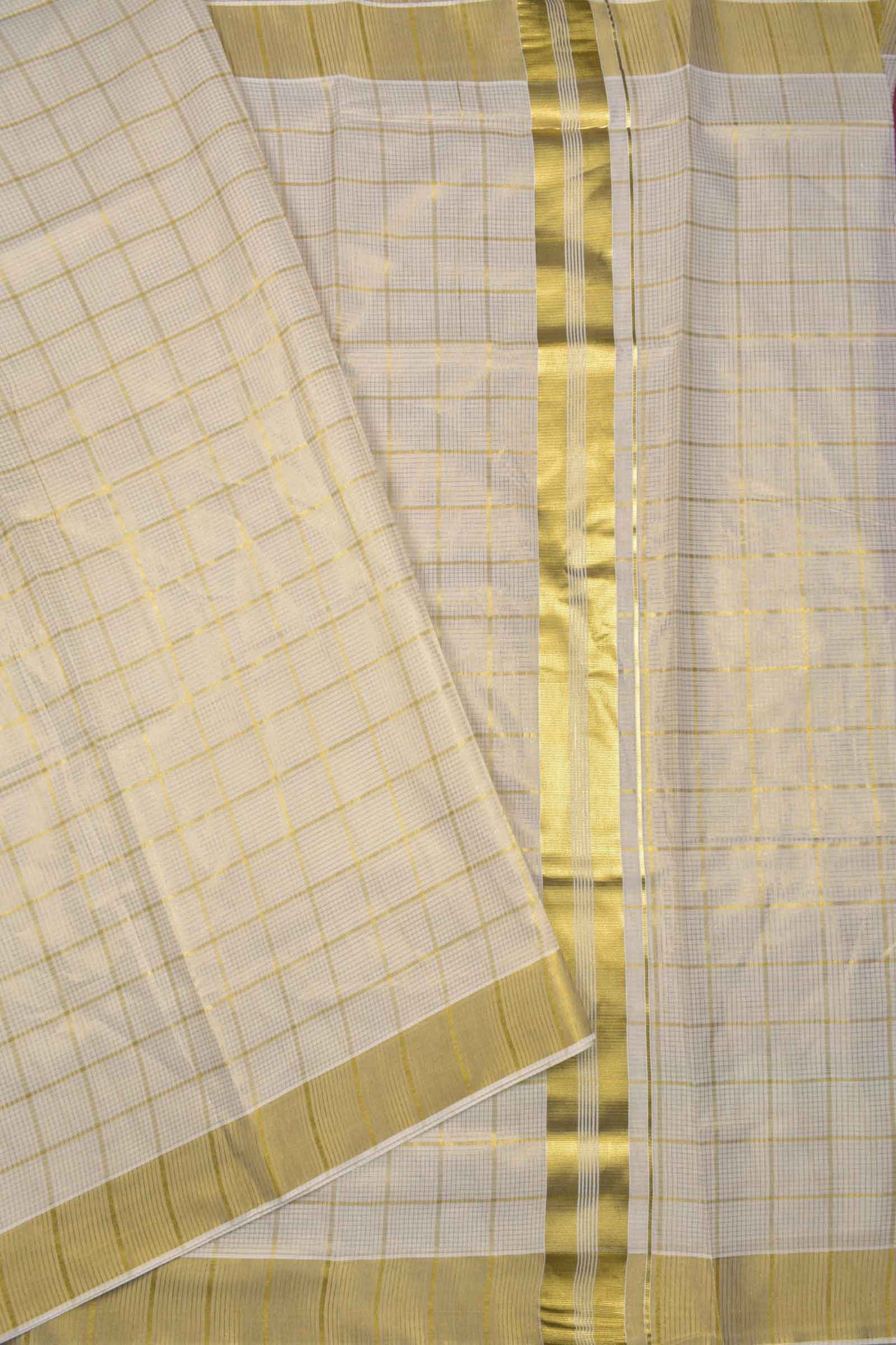 Off White With Golden Kerala Tissue Cotton Mini Checks Square Golden Zari Pallu Saree NAA111