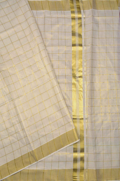 Off White With Golden Kerala Tissue Cotton Mini Checks Square Golden Zari Pallu Saree NAA111