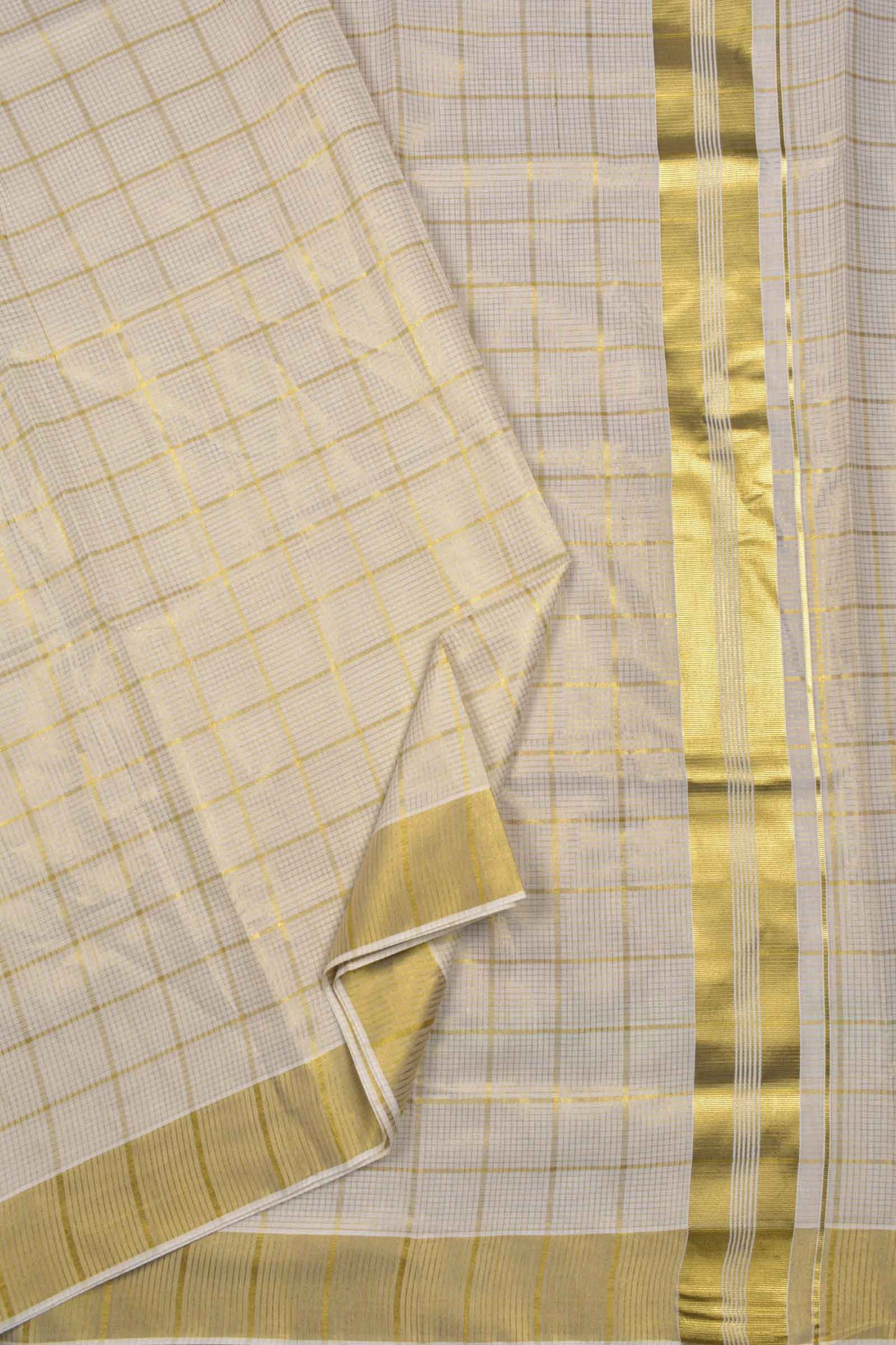 Off White With Golden Kerala Tissue Cotton Mini Checks Square Golden Zari Pallu Saree NAA111