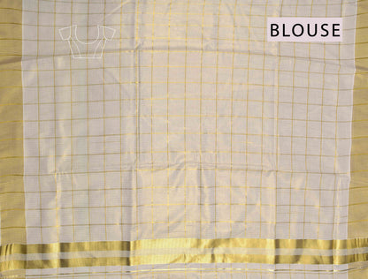 Off White With Golden Kerala Tissue Cotton Mini Checks Square Golden Zari Pallu Saree NAA111