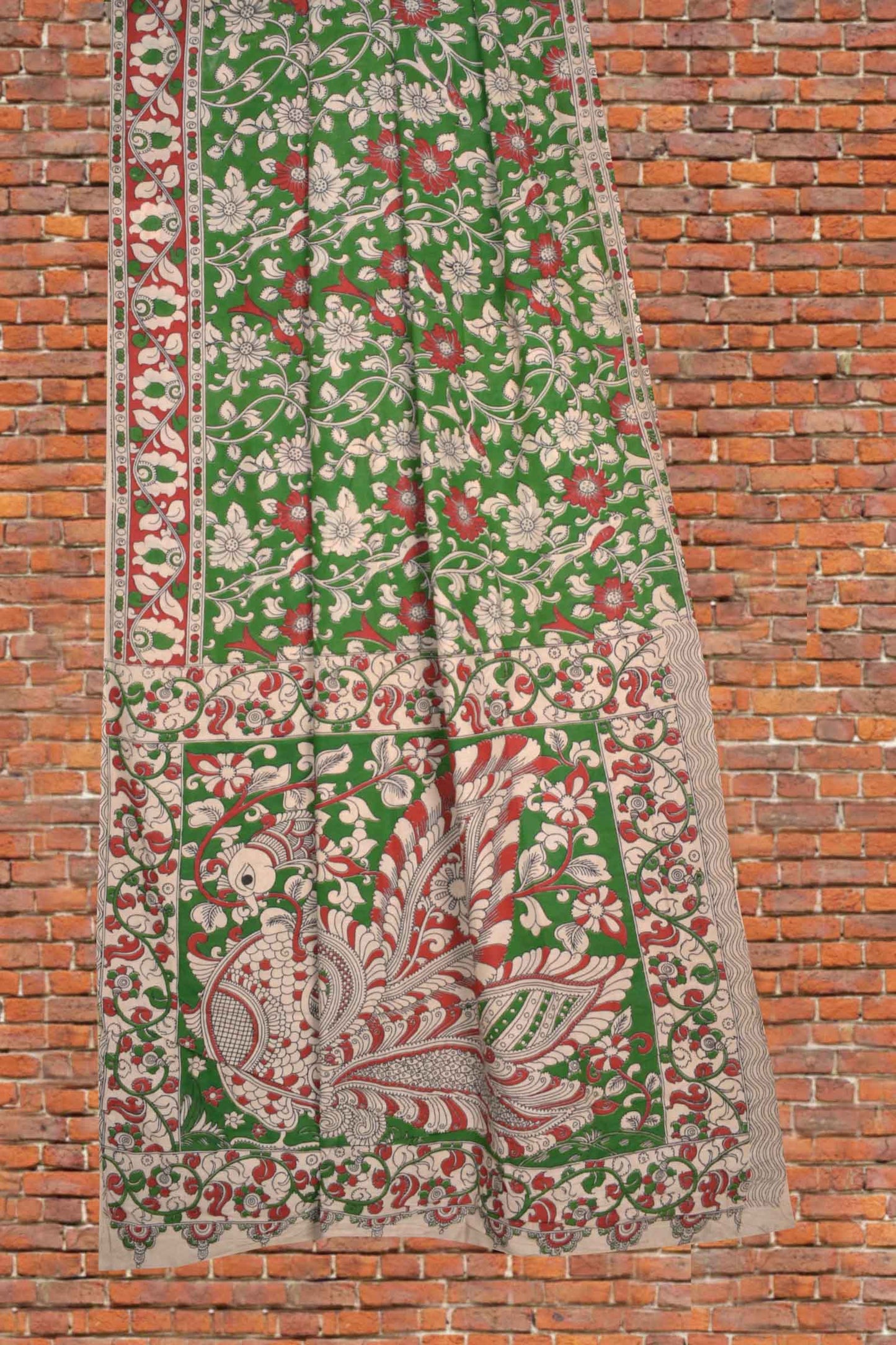 Green Kalamkari Pure Cotton Floral Parrot Garden Printed Peacock Pallu Saree