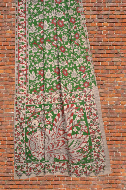 Green Kalamkari Pure Cotton Floral Parrot Garden Printed Peacock Pallu Saree