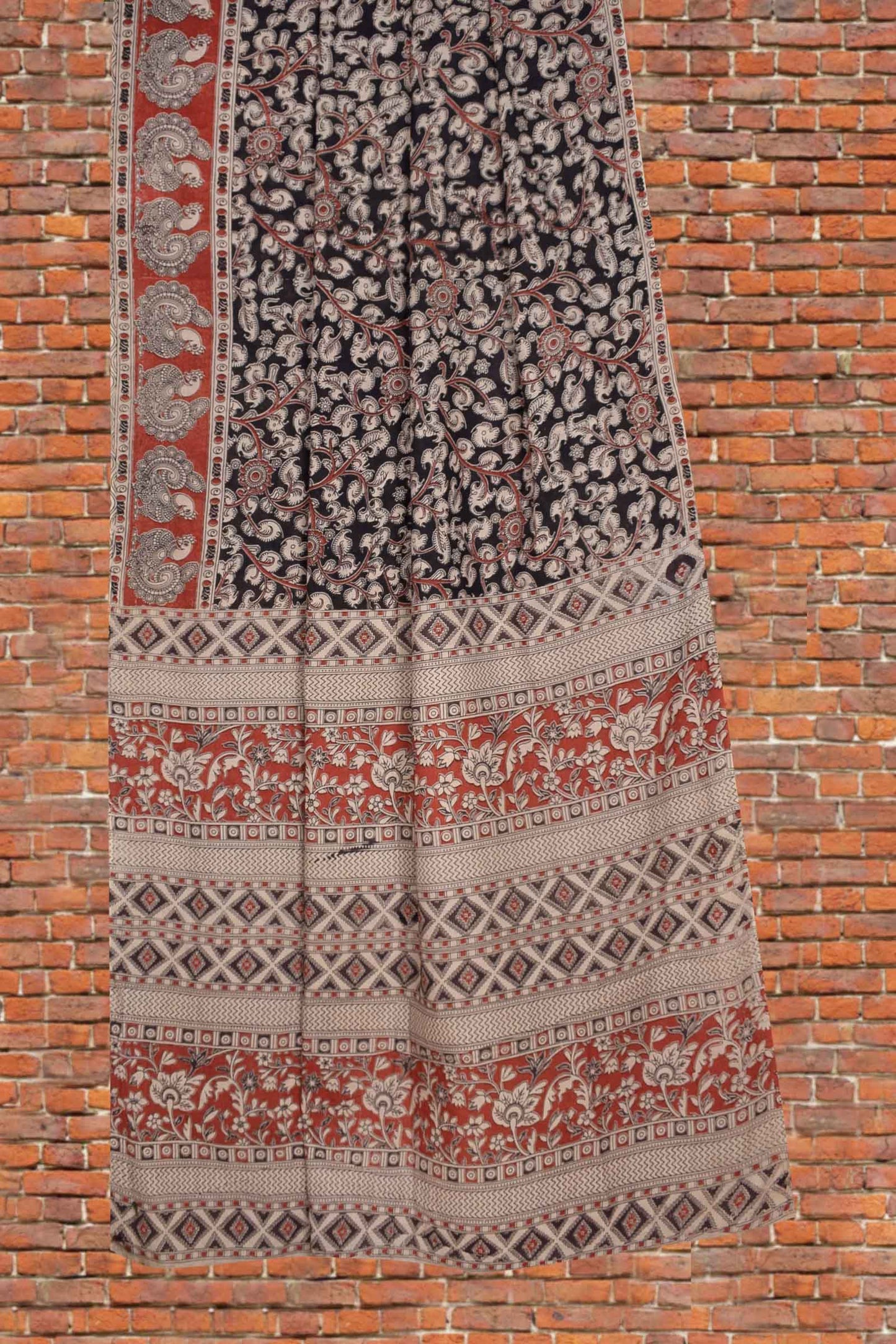 Black Kalamkari Pure Cotton Crimson Garden Printed Peacock Border Saree