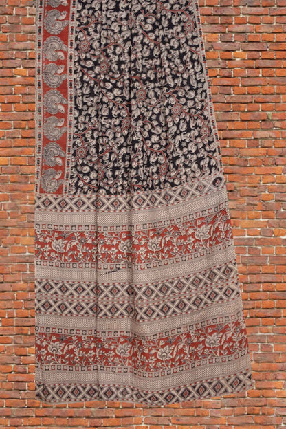 Black Kalamkari Pure Cotton Crimson Garden Printed Peacock Border Saree