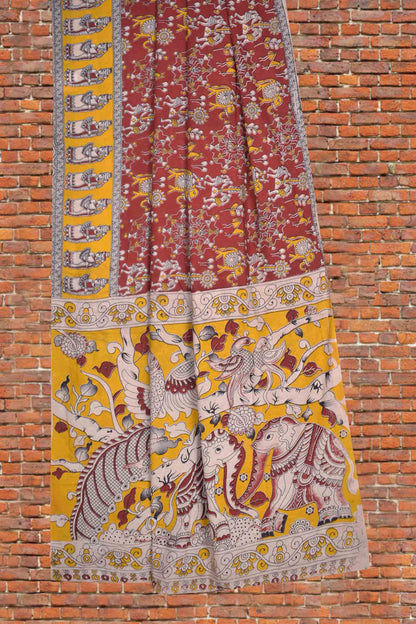Red Kalamkari Pure Cotton Warli Print Peacock Elephant Pallu Saree