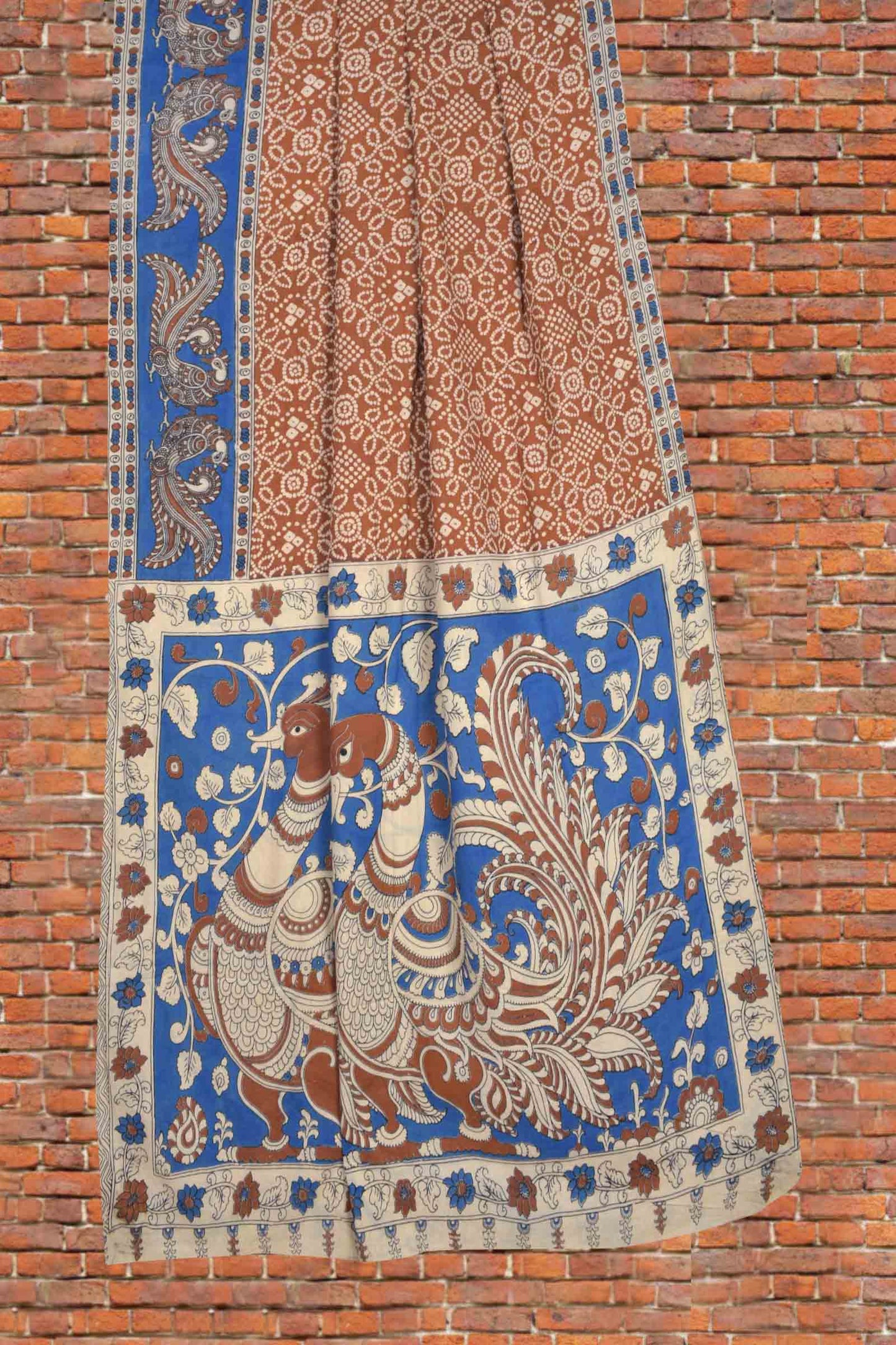 Brown Kalamkari Pure Cotton Rangoli Kolam Print Peacock Border Pallu Saree