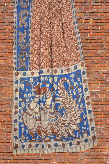 Brown Kalamkari Pure Cotton Rangoli Kolam Print Peacock Border Pallu Saree