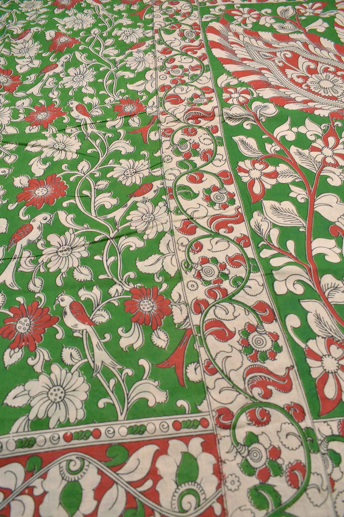Green Kalamkari Pure Cotton Floral Parrot Garden Printed Peacock Pallu Saree