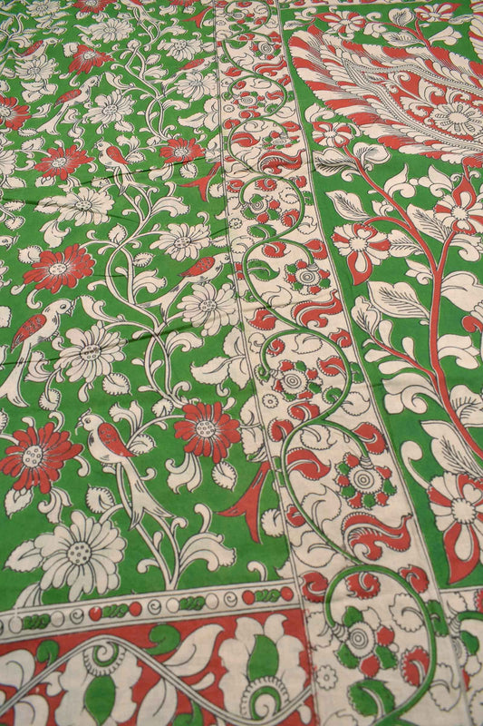 Green Kalamkari Pure Cotton Floral Parrot Garden Printed Peacock Pallu Saree