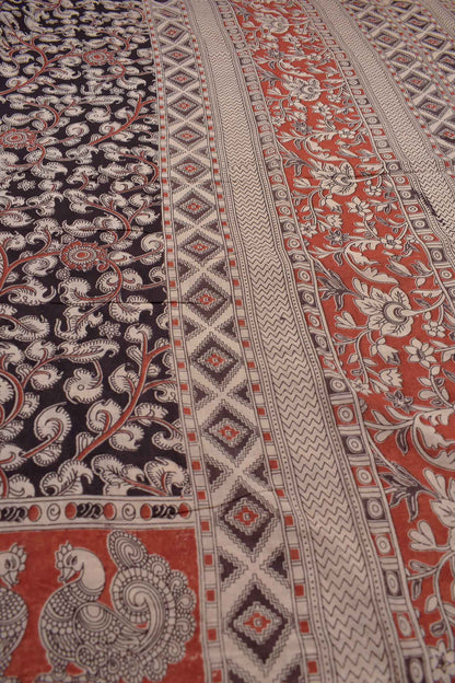 Black Kalamkari Pure Cotton Crimson Garden Printed Peacock Border Saree