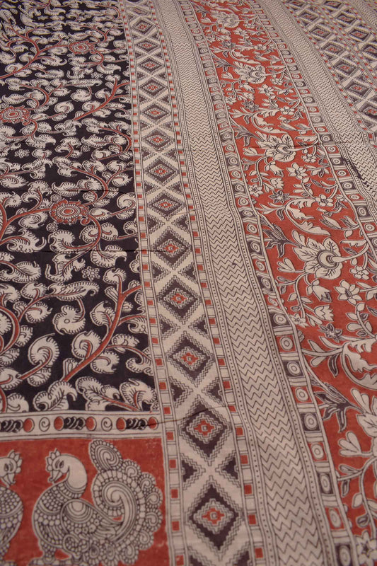 Black Kalamkari Pure Cotton Crimson Garden Printed Peacock Border Saree