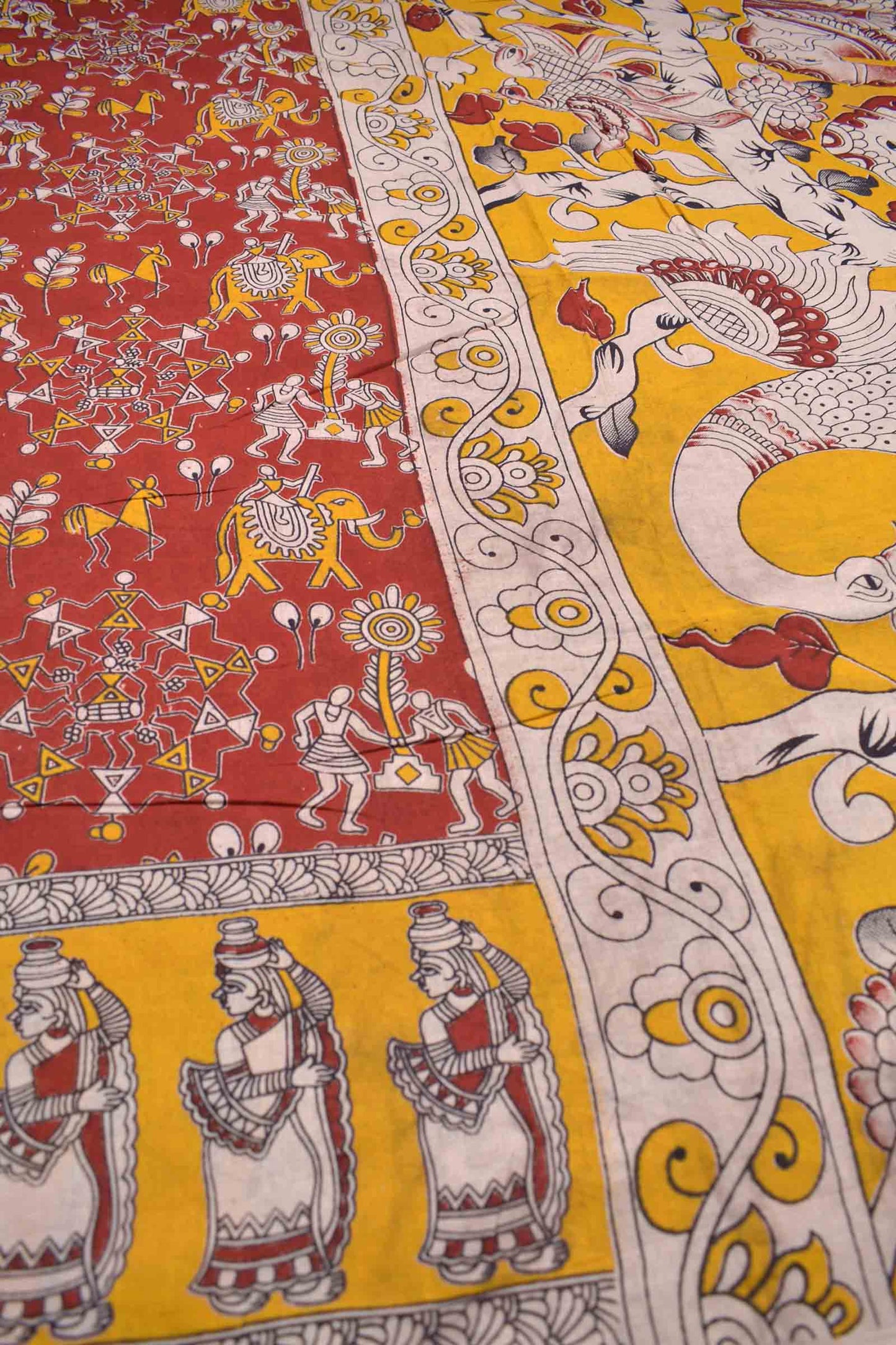 Red Kalamkari Pure Cotton Warli Print Peacock Elephant Pallu Saree