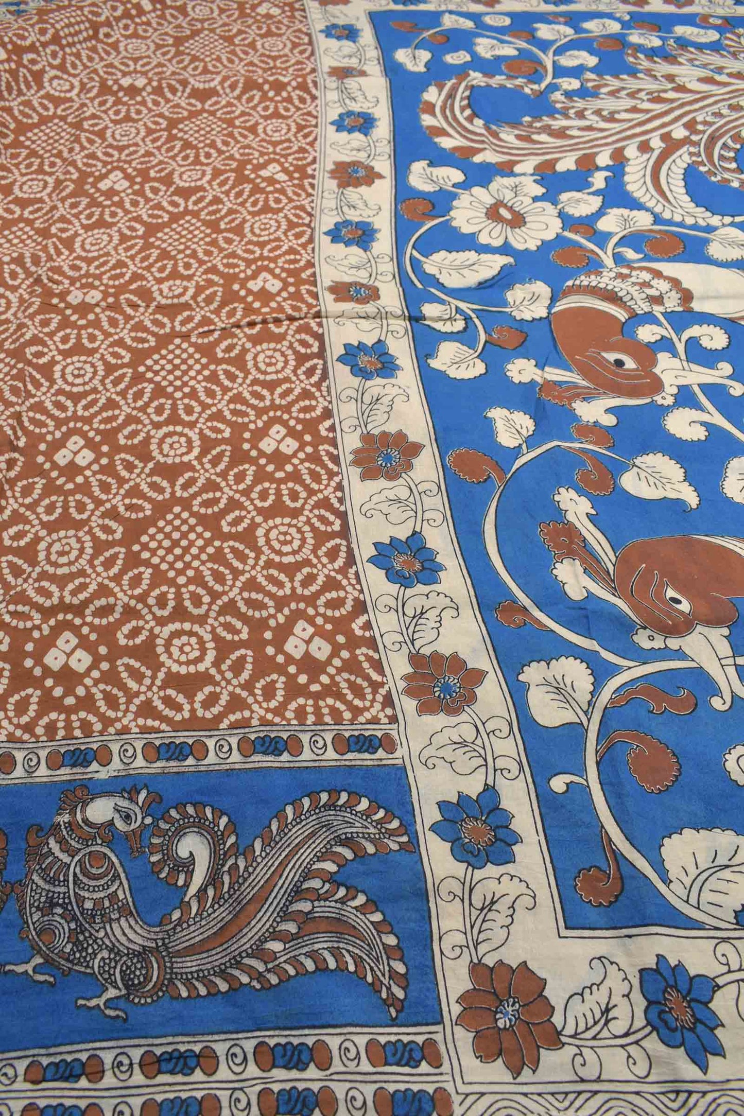 Brown Kalamkari Pure Cotton Rangoli Kolam Print Peacock Border Pallu Saree