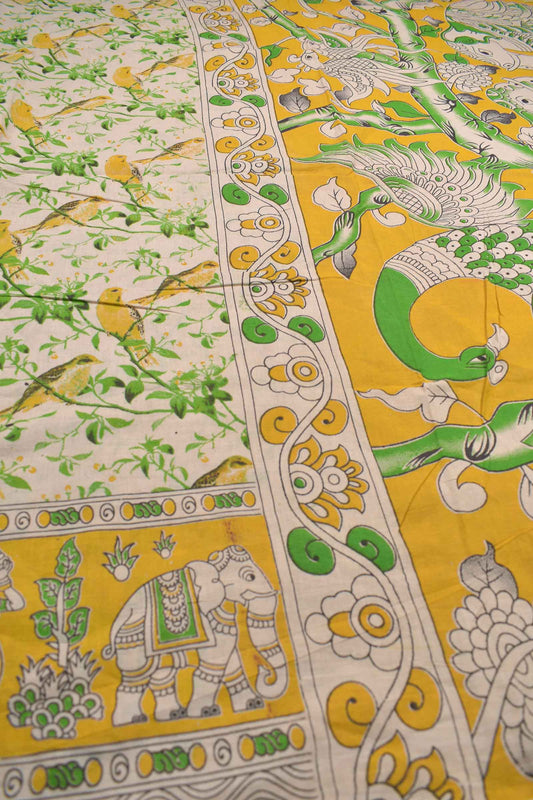 Off White Kalamkari Pure Cotton Yellow Birds Paradise Printed Saree