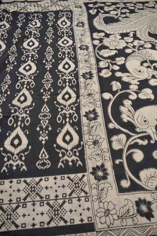 Black Kalamkari Pure Cotton Chandelier  Print Peacock Pallu Saree