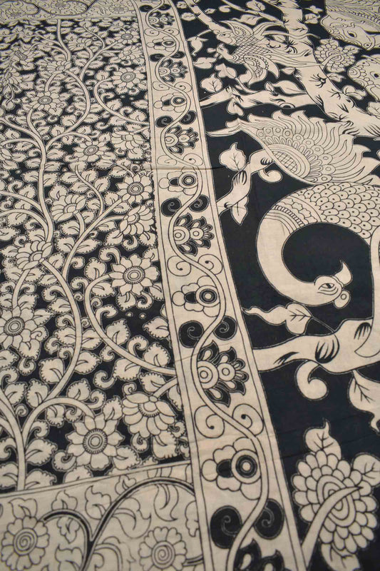 Black Kalamkari Pure Cotton Floral Print Peacock Pallu Saree