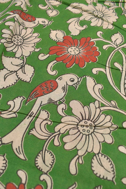 Green Kalamkari Pure Cotton Floral Parrot Garden Printed Peacock Pallu Saree
