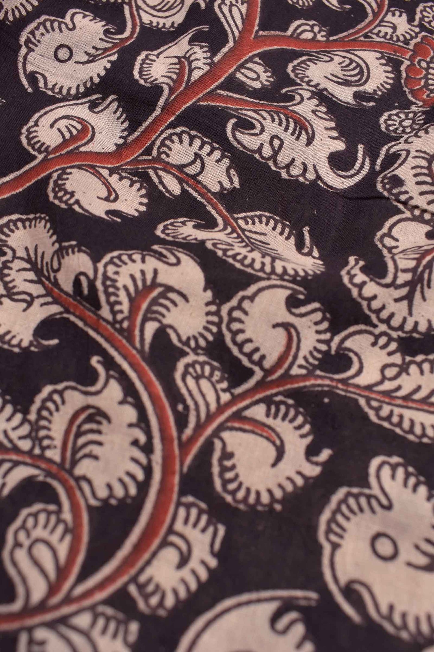 Black Kalamkari Pure Cotton Crimson Garden Printed Peacock Border Saree
