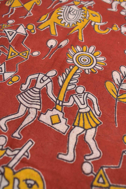 Red Kalamkari Pure Cotton Warli Print Peacock Elephant Pallu Saree