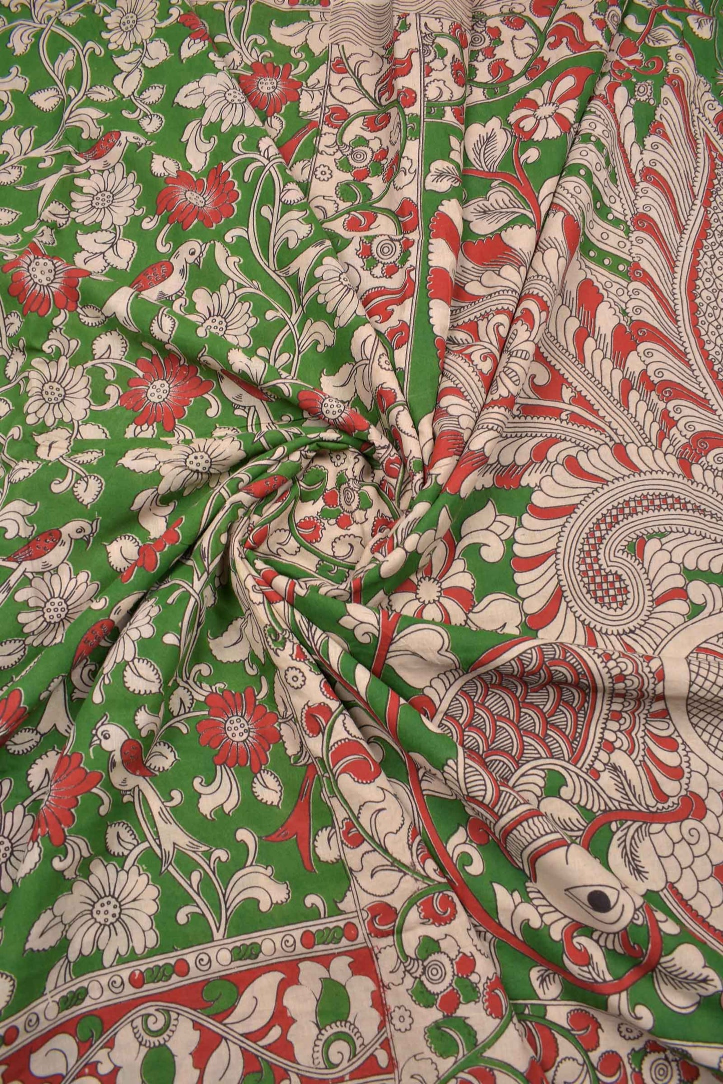 Green Kalamkari Pure Cotton Floral Parrot Garden Printed Peacock Pallu Saree