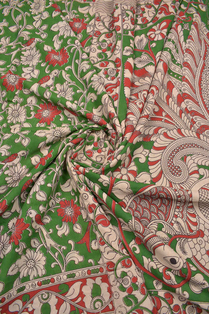 Green Kalamkari Pure Cotton Floral Parrot Garden Printed Peacock Pallu Saree