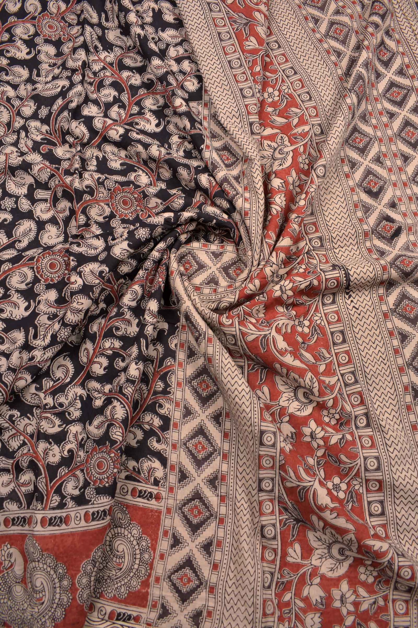 Black Kalamkari Pure Cotton Crimson Garden Printed Peacock Border Saree