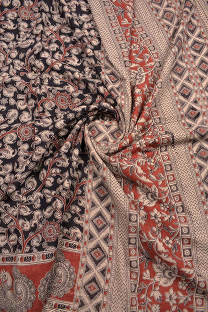 Black Kalamkari Pure Cotton Crimson Garden Printed Peacock Border Saree