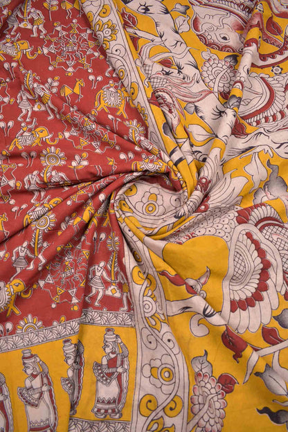 Red Kalamkari Pure Cotton Warli Print Peacock Elephant Pallu Saree