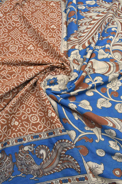 Brown Kalamkari Pure Cotton Rangoli Kolam Print Peacock Border Pallu Saree