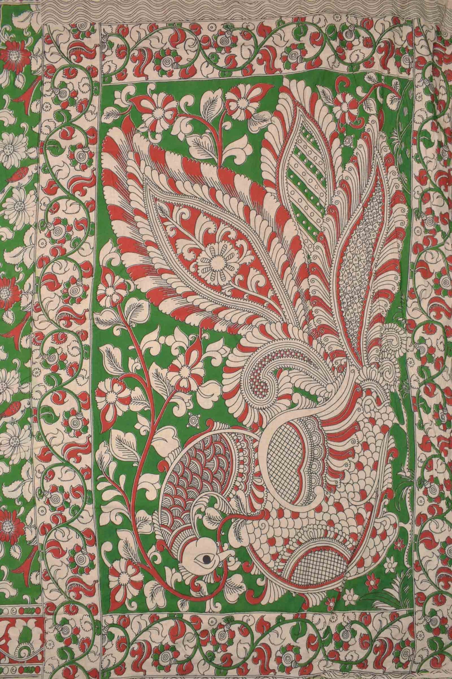 Green Kalamkari Pure Cotton Floral Parrot Garden Printed Peacock Pallu Saree