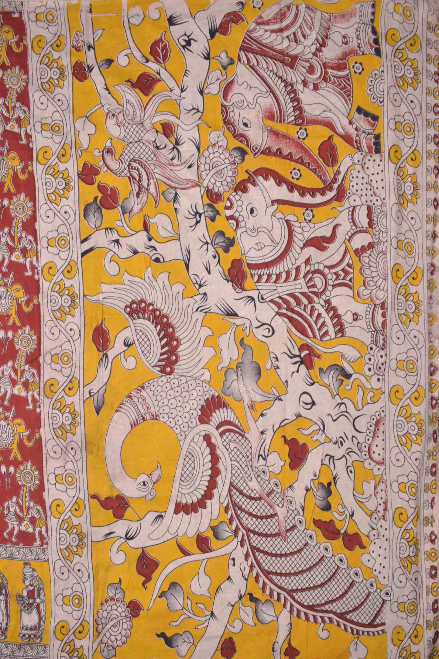 Red Kalamkari Pure Cotton Warli Print Peacock Elephant Pallu Saree