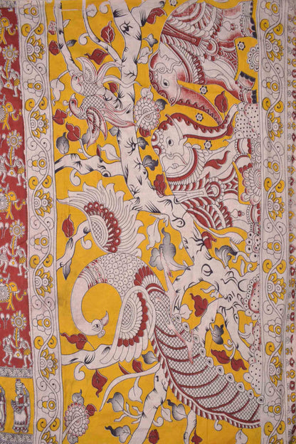 Red Kalamkari Pure Cotton Warli Print Peacock Elephant Pallu Saree