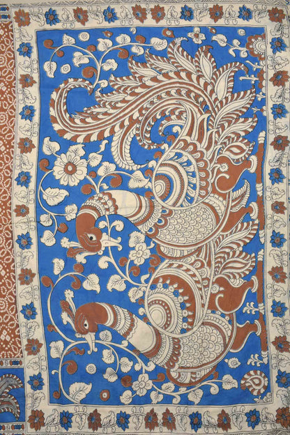 Brown Kalamkari Pure Cotton Rangoli Kolam Print Peacock Border Pallu Saree