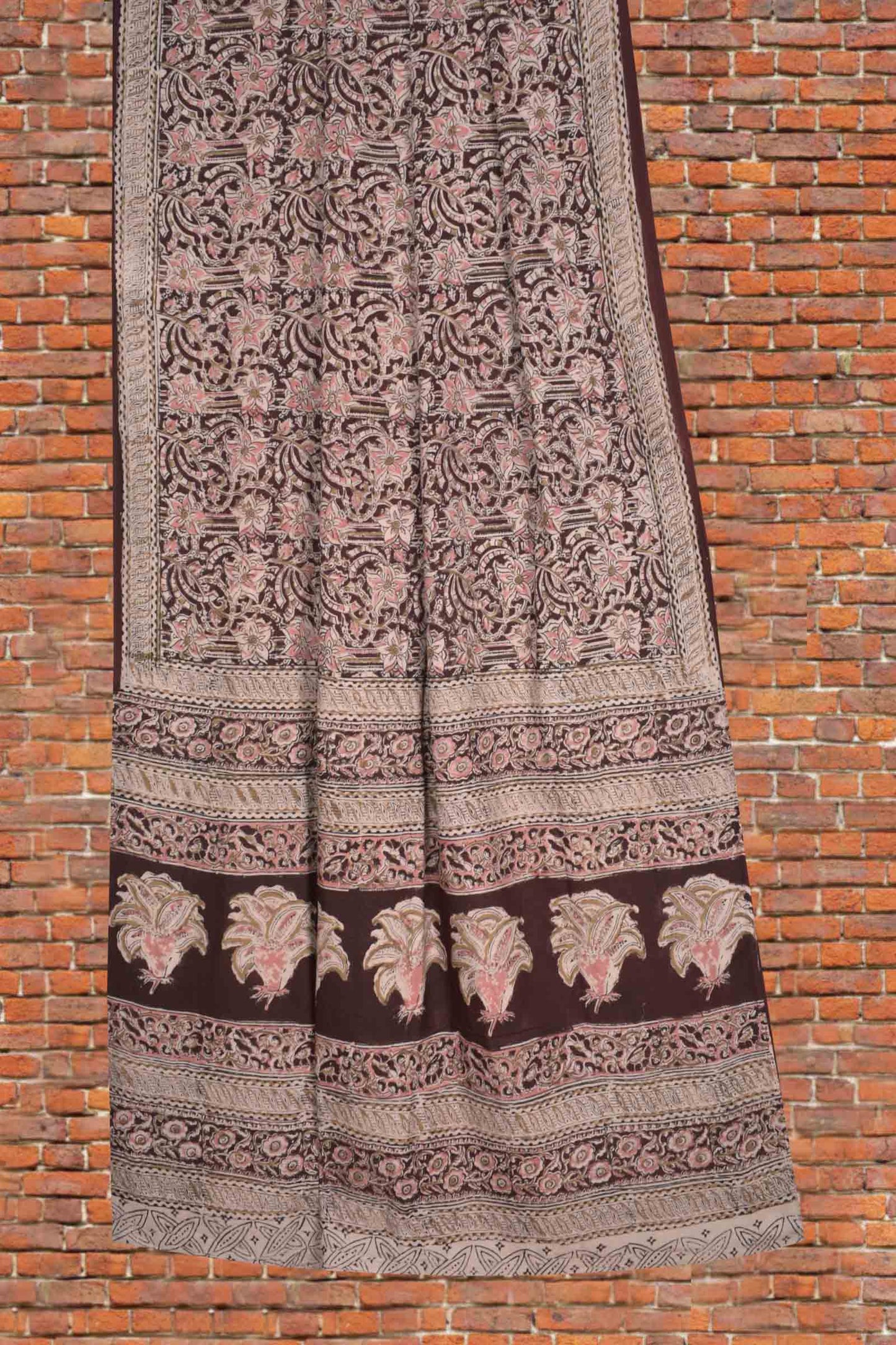 Dark Maroon Kalamkari Pure Cotton Pretty Peach Floral Printed Saree