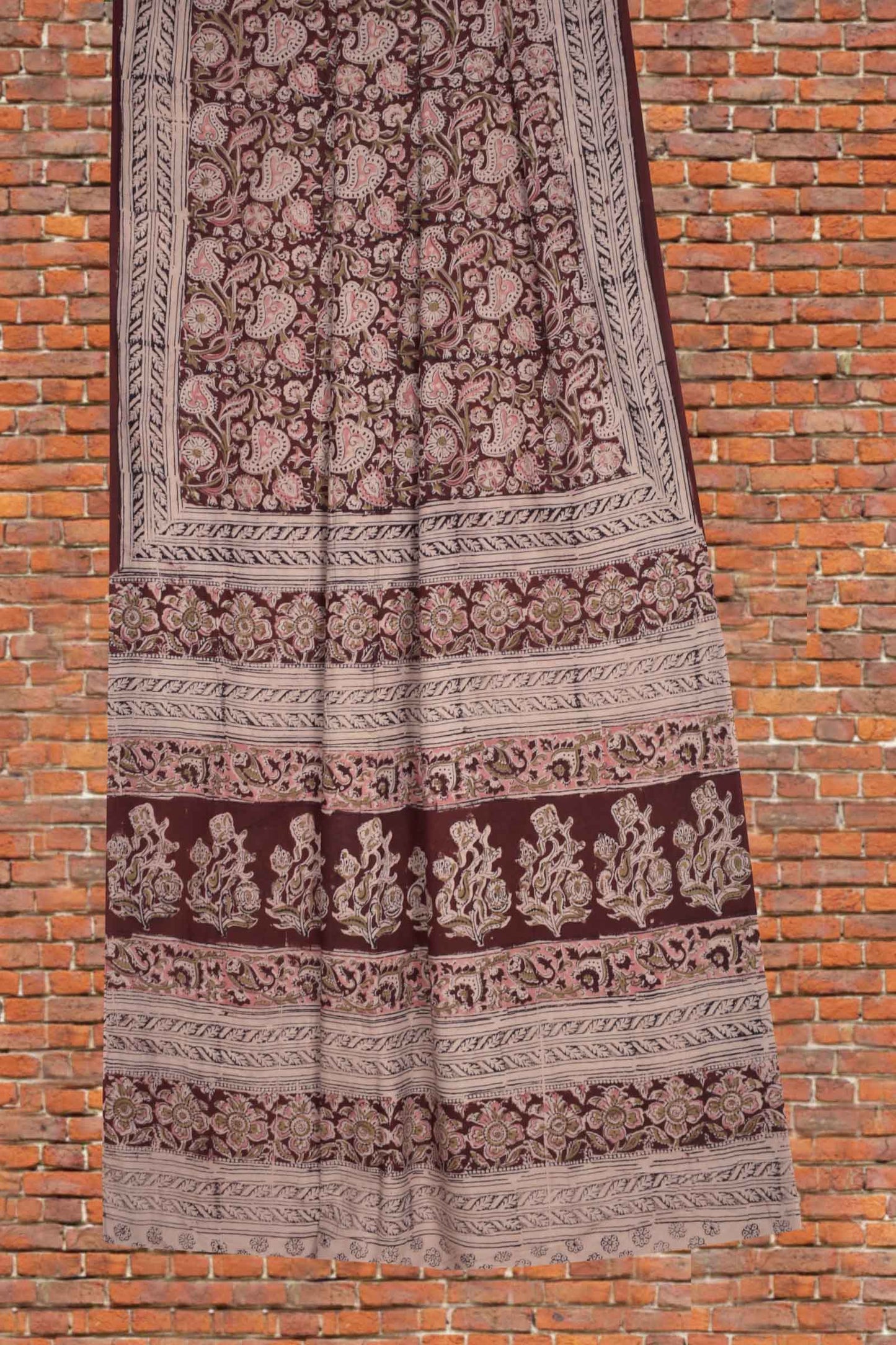 Dark Maroon Kalamkari Pure Cotton Pink Pretty Floral Printed Saree