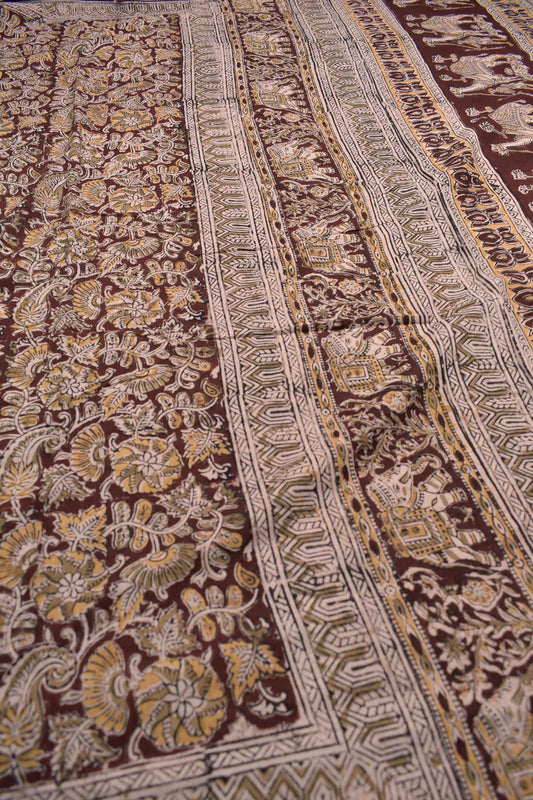 Dark Maroon Kalamkari Pure Cotton Summer Vibes Printed Elephant Pallu Saree