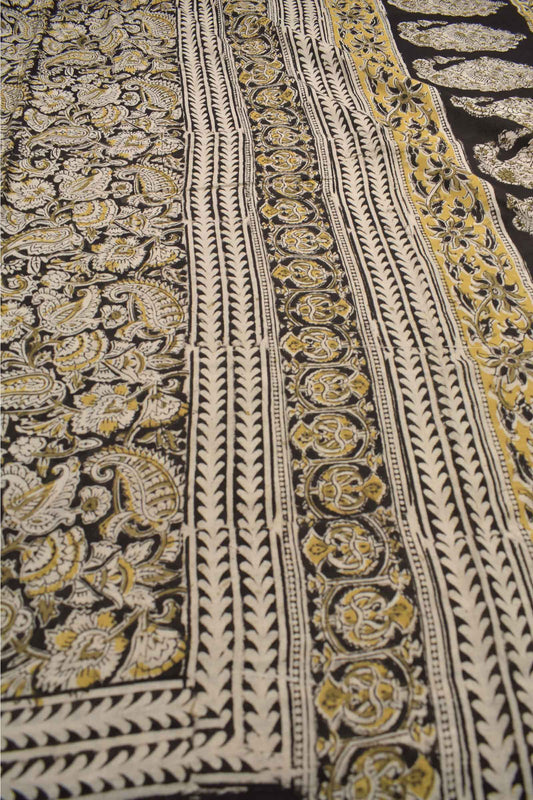 Black Kalamkari Pure Cotton Yellow Paisley Printed Saree
