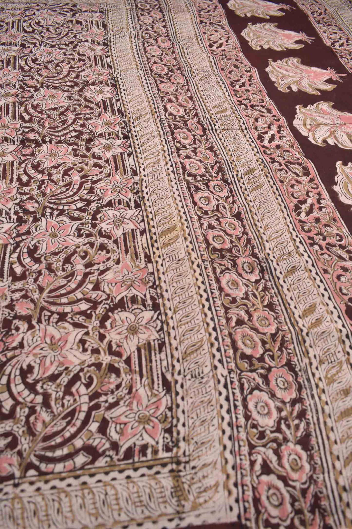 Dark Maroon Kalamkari Pure Cotton Pretty Peach Floral Printed Saree